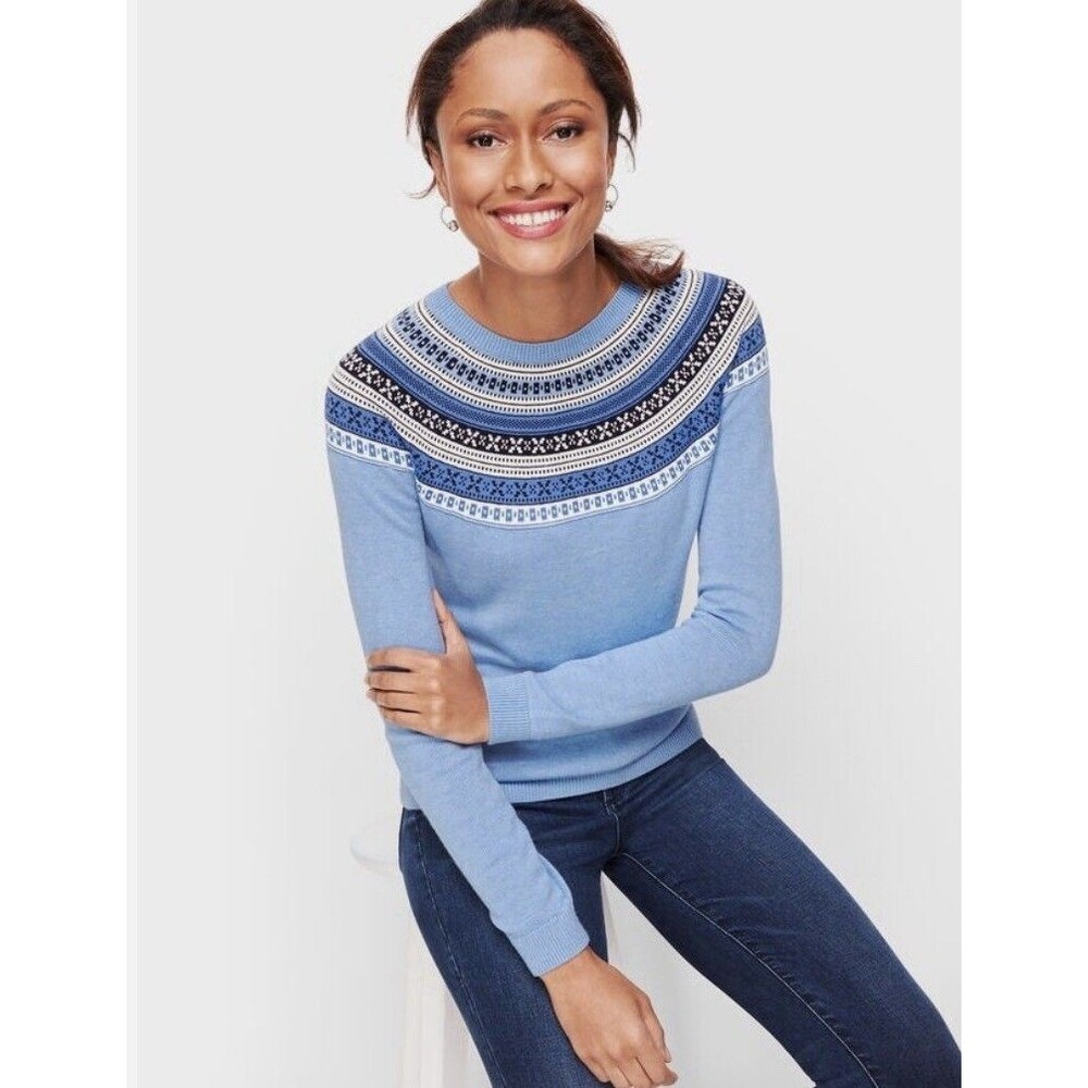 Talbots XL Petite Very Pretty Blue Fair Isle Yoke Sweater Cotton Cashmere Light
